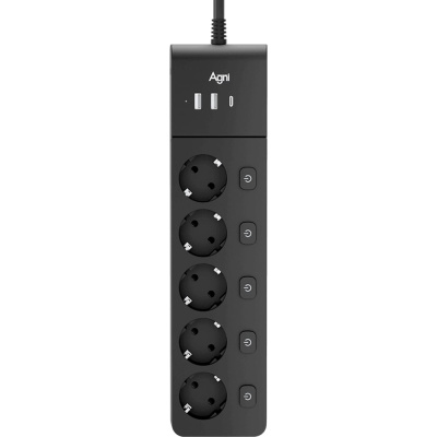 Сетевой фильтр AGNI плоский, 5 розеток, c кабелем 2м, черный,3 USB TP-FI3U5E-2m-black TP-FI3U5E-C-2m-black
