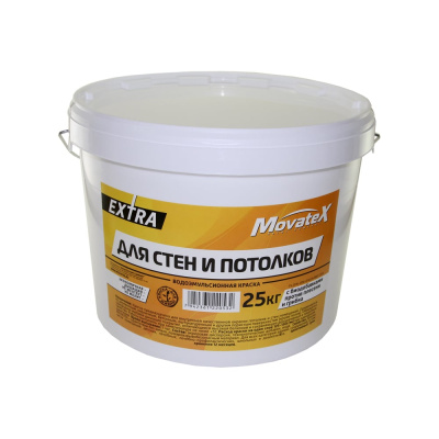 Водоэмульсионная краска Movatex EXTRA для стен и потолков, 25 кг Т33756 наносится на деревянные, кирпичные, бетонные