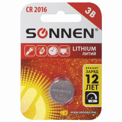 Батарейка литиевая SONNEN Lithium CR2016 "таблетка, дисковая, кнопочная" 1 шт., блистер, 451972
