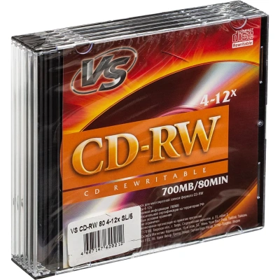 Диск CD-RW VS 700 Mb, 4-12x, Slim Case, КОМПЛЕКТ 5 шт., VSCDRWSL501