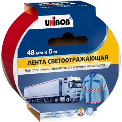 Клейкая лента UNIBOB разметочная, светоотражающая, 48 мм х 5 м, Красно Белая