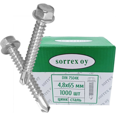 Саморез с шестигранной головкой по металлу SORREX M4,8x65, DIN 7504K, оцинкованный, со сверлом, 1000 шт.
