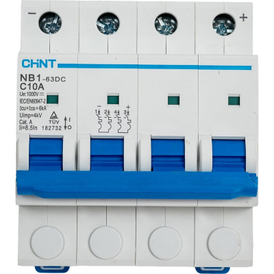 Автоматический выключатель CHINT NB1-63DC 4P 10А 6кА х-ка C 1000В DC (R)