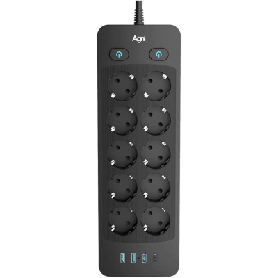 Сетевой фильтр AGNI плоский 10 розеток c кабелем 2м,черный,4 USB TP-FO4U10E-С-2m-black