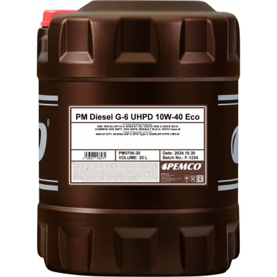 Синтетическое моторное масло PEMCO DIESEL G-6 ECO UHPD 10W40 20 л