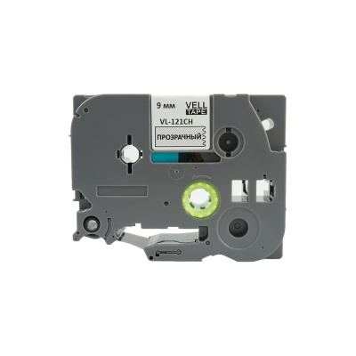 Лента Vell VL-121CH (с чипом, 9 мм, черный на прозрачном) для Puty