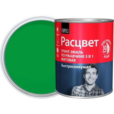 Грунт-эмаль Расцвет быстросохнущая, матовая, зеленая, 0.9 кг