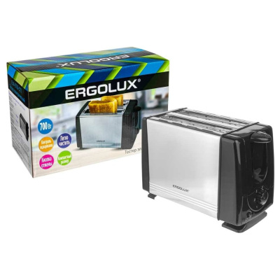 Электрический тостер Ergolux черный, нержавеющая сталь, 220-240 В, 700 Вт