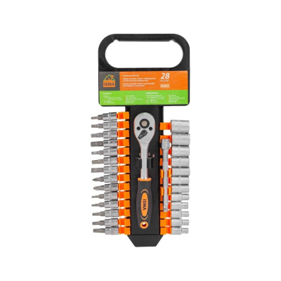 Набор головок и бит с трещоткой 28пр. 1/4''(4-13мм, torx:t10,15,20,25,30, hex:3-6мм,sl:4,5.5,7мм, ph1,2)