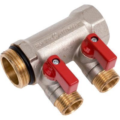 Коллектор с шаровыми кранами STOUT Smb 6210 011202 1", 2 отвода 1/2", красные ручки