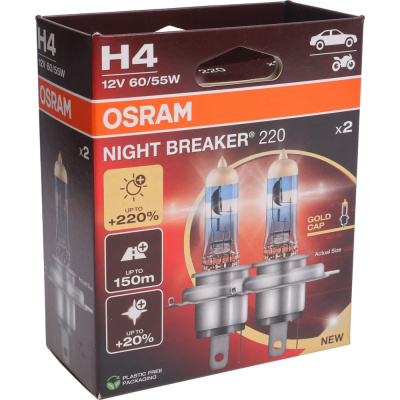 Автолампа Osram H4 60/55 P43t+220% NIGHT BREAKER 220 12V экобокс, 2шт