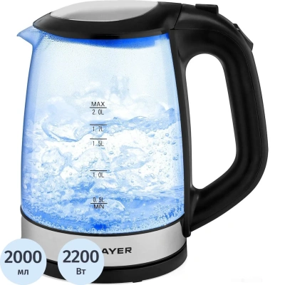 Чайник электрический BRAYER BR1040BK, 2220Вт, 2 л, стекл., черный