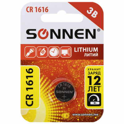 Батарейка литиевая SONNEN Lithium CR1616 "таблетка, дисковая, кнопочная" 1 шт., блистер, 455598