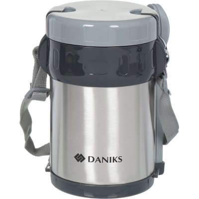 Термос для еды DANIKS, нерж, 2 л, шир.горл, колба нерж, с ложкой и вилкой, серебр, sl-200my