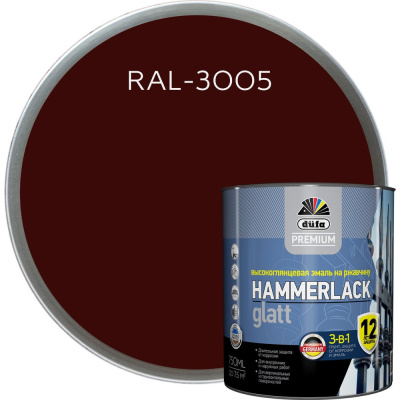 Эмаль гладкая Dufa Premium HAMMERLACK на ржавчину винно-красный RAL-3005 750 мл