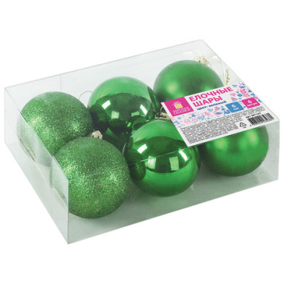 Шары ёлочные НАБОР 6 шт., 6 см, "Базовая серия", пластик, ЗЕЛЕНЫЕ (глянец, матовый, глиттер), ЗОЛОТАЯ СКАЗКА, 591127