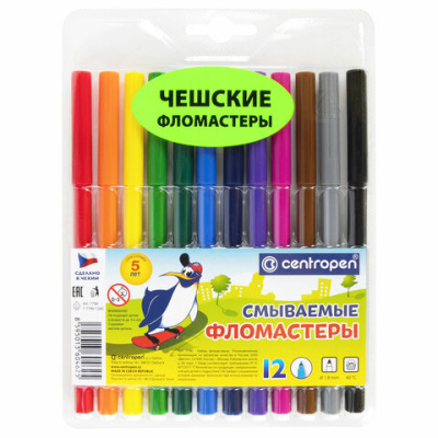 Фломастеры Centropen "Washable", 12цв., смываемые, блистер