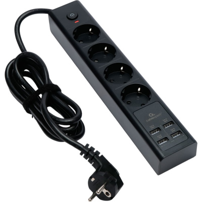 Сетевой фильтр Cablexpert Exnovo 4р, 16А, 4хUSB, 3.4A, 2м, ур.защиты 4+, черный, коробка, EXN-4-U4-B-2