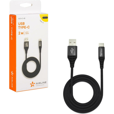 Кабель AIRLINE USB - Type-C 2м, черный нейлоновый