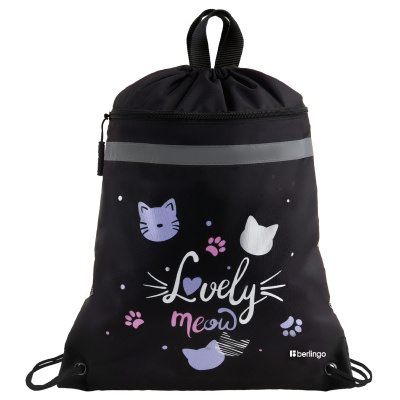 Мешок для обуви 1 отделение Berlingo "Lovely Meow", 360*460мм, вентиляционная сеточка, светоотражающая лента, карман на молнии