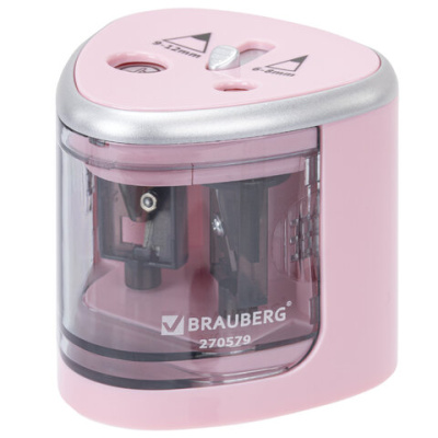 Точилка электрическая BRAUBERG DUAL (для 2 диаметров карандашей!), 4 батарейки АА, розовая, 270579