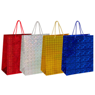 Пакет подарочный 26x13x32 см (L), НАБОР 4 шт., 4 дизайна, голография, ЗОЛОТАЯ СКАЗКА, 609734