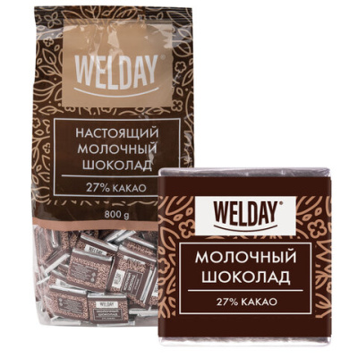 Шоколад порционный высшего качества WELDAY (ВЭЛДЭЙ) "Молочный 27%", 800 г (160 плиток по 5 г), пакет, 622406