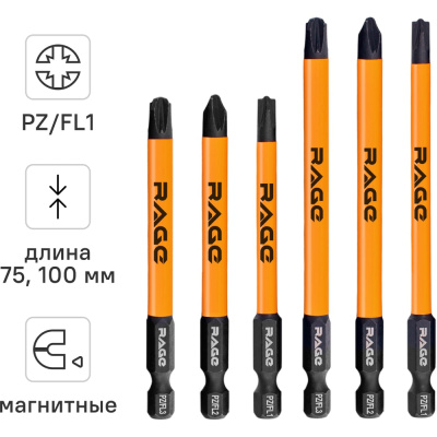 Набор бит магнитных PZ/FL1, PZ/FL2, PZ/FL3 х 75 мм, 100 мм 6 шт RAGE Биты PZ/FL