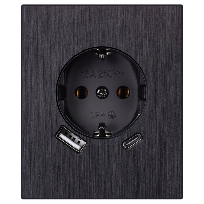 Розетка одноместная SMARTBUY с заземлением USB+Type-C модульная 16А алюминий черный Альтаир