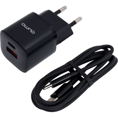 Сетевое зарядное устройство QUMO Energy PD 20Вт (модель 0109), Type-C PD + USB-A QC3.0,+ кабель 1м. Type-C на Type-C
