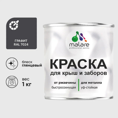 Краска по металлу MALARE для крыш и заборов, по ржавчине, быстросохнущая, износостойкая, глянцевая, графитово-серый