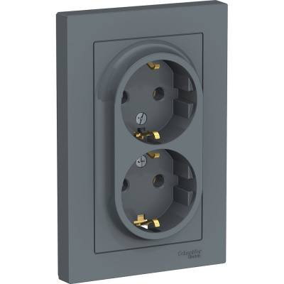 Розетка двойная Systeme Electric (ранее Schneider Electric) серии AtlasDesign (в сборе, цвет грифель) с заземлением