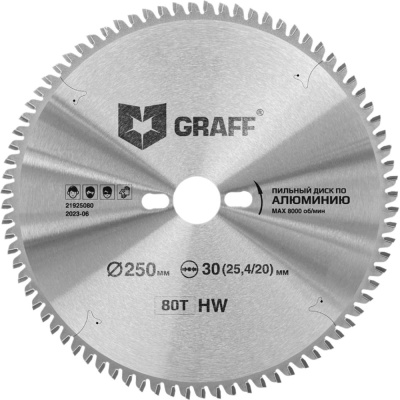 Пильный диск по алюминию GRAFF 250х2.5/3.2х30/25.4/20х80Т Expert