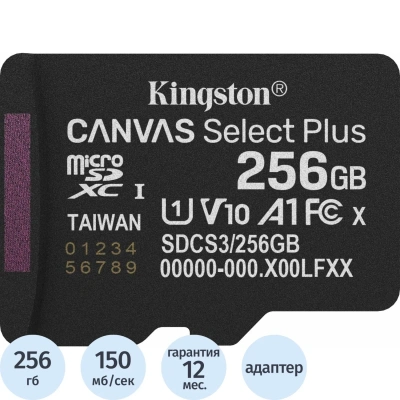 Карта памяти micro SDXC Kingston Canvas Select Plus Gen3 адапт. SDCS3/256GB