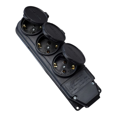 Розетка каучуковая трёхместная Mutlusan Electric IP44 16А 250V, черная