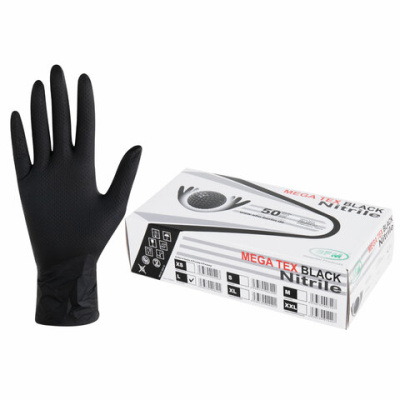 Перчатки нитриловые сверхпрочные с текстурой SFM MEGA TEX BLACK, Германия, 25 пар (50 штук), размер 8-9 (большой)