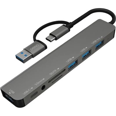 Разветвитель USB PERO MH07 USB-С/A TO SD+TF+3.5MM+USB-C+USB 3.0+3USB2.0,сер