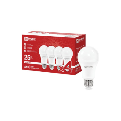 Лампа светодиодная IN HOME LED-A60-VC 4PACK 25Вт 230В Е27 4000К 2380Лм (4шт./упак)
