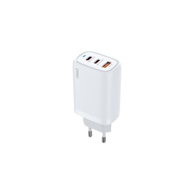 СЗУ PERO TC23 GAN, USB-A QC 3.0 + USB-C PD + USB-C PD, 65W белый ТС23W