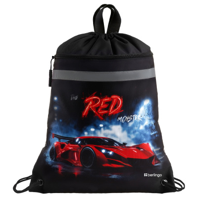 Мешок для обуви 1 отделение Berlingo "Red Monster", 360*460мм, вентиляционная сеточка, светоотражающая лента, карман на молнии