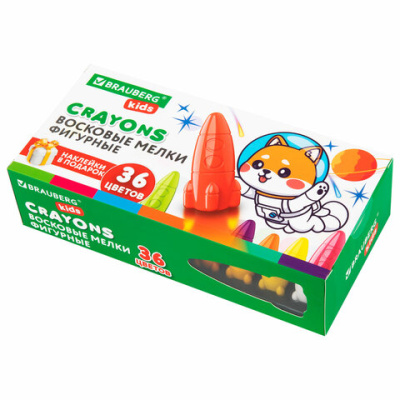 Восковые мелки фигурные BRAUBERG KIDS "РАКЕТА", НАБОР 36 цветов + НАКЛЕЙКИ В ПОДАРОК, 273084