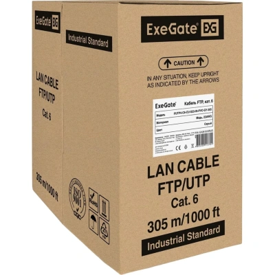 Кабель FTP ExeGate 4 пары, категория 6, медь, 23AWG, экран, бухта 305м, серый, PVC