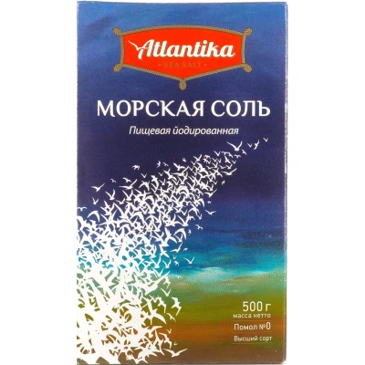 Соль Атлантика пищевая морская мелкая йодированная карт.пач, 0,5кг