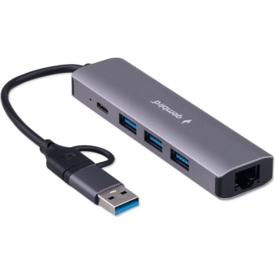 Док-станция Gembird Type-C + USB 5в1: 3хUSB3.1, Type-C, RJ45, кабель 17см, алюминий, UHB-D7