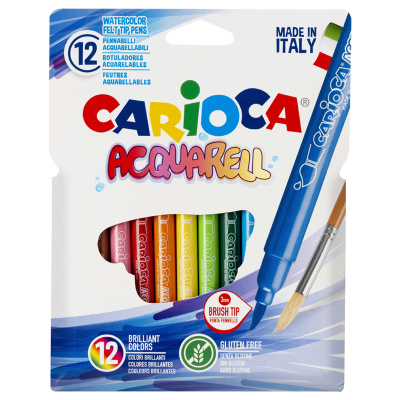 Фломастеры акварельные CARIOCA (Италия) "Aquarell", 12 цветов, наконечник-кисть, смываемые, картонный конверт, 42747