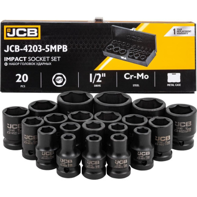 Головки ударные, набор 20 предметов JCB 1/2", 6 граней