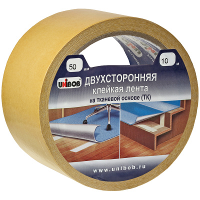 Клейкая двухсторонняя лента 50 мм х 10 м, ПОЛИПРОПИЛЕНОВАЯ ОСНОВА, UNIBOB, 28211
