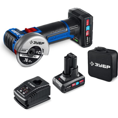 Бесщеточная угловая шлифовальная машина Зубр 12 В, D76 мм, 2 АКБ тип Т7 (4 А·ч),, сумка, Профессионал