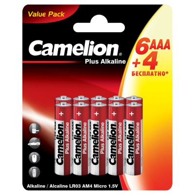 Мизинчиковая батарейка ААА CAMELION Plus Alkaline LR03-BP6+4 (LR03-BP6+4, 1.5В)