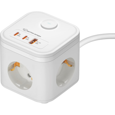 Удлинитель сетевой (куб) ФОТОН с usb type-C, 16А 2 метра, 3 розетки, с выключателем, с заземлением, белый.